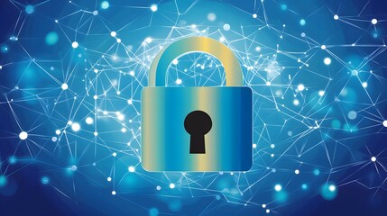 Holographic lock with encryption code flowing through a computer network, representing cybersecurity and big data protection, abstract cyberspace background