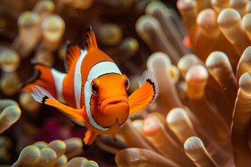 A fantastically beautiful bright clownfish swims in sea among the corals