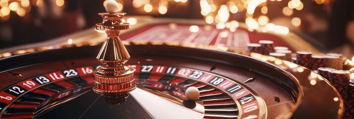 Poster - A close-up view of a roulette wheel mid-spin with a bouncing ball and casino chips scattered on the table at a lively gambling area. Generative AI