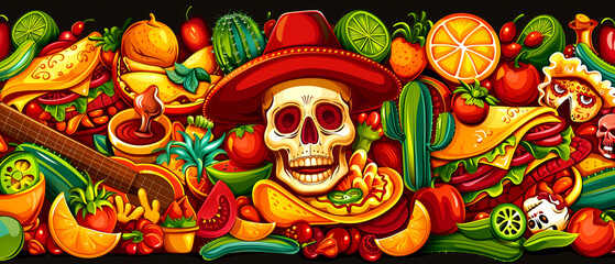 Wall Mural - A colorful and vibrant image of a Mexican food buffet with a skull on top. The skull is smiling and surrounded by various fruits and vegetables, including oranges, tomatoes, and cucumbers