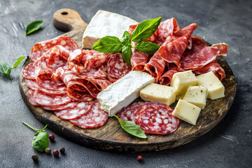 Platter featuring salami, prosciutto, and fresh cheese as traditional appetizers.