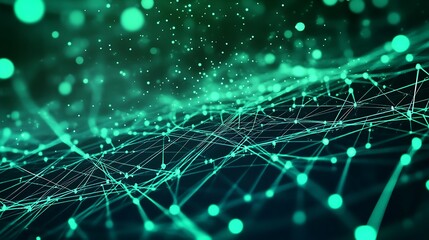 Abstract digital network with glowing green nodes and lines on a dark background.