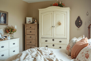 A bedroom with a bed, dresser and armoire in it