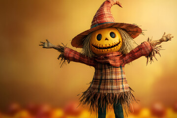 Canvas Print - Cute 3d cartoon scary scarecrow on color background. Happy Halloween Day.