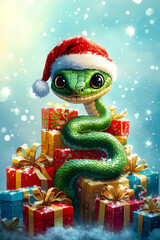 Canvas Print - A green snake wearing a santa hat sitting on top of a pile of presents