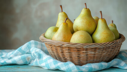 A basket of green pears on the table, a real photograph, a close-up shot, food photography. Created with Ai