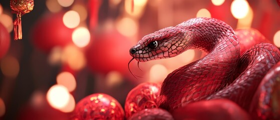 Celebrate Chinese New Year with a captivating backdrop featuring the Shio Snake, symbolizing wisdom and transformation, blending festive red hues and traditional elements to usher in a prosperous year