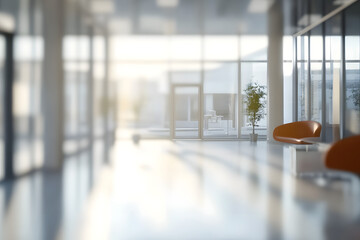 Poster - A blurred view of an empty modern office space with large windows and a bright ambiance extending serenity and cleanliness.