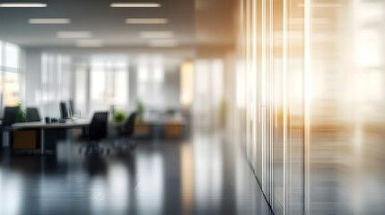 Canvas Print - A blurred image of a modern office space enveloped in soft, ambient lighting, providing a peaceful and productive workspace environment.