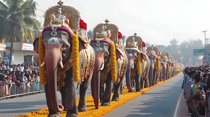 Wall Mural - A grand procession for Mahavir Jayanti with decorated elephants