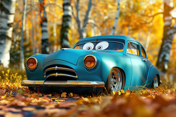 Wall Mural - A beautiful fictional cartoon car with pronounced headlights on a colorful background