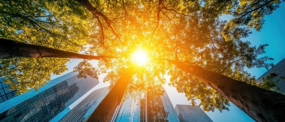 Canvas Print - Sustainable Green Investments Concept with Sunlight Filtering Through Trees and Modern Skyscrapers