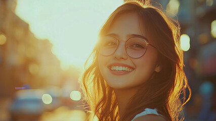 Wall Mural - A young woman with a cute smile, photography, bright scenery, urban 