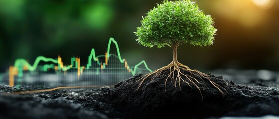 Thriving Green Investments Concept with Growing Tree and Financial Graphs in Background