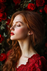 Wall Mural - A woman in a red dress with red roses in the background