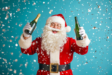 Sticker - A man dressed as Santa Claus holding two bottles of champagne