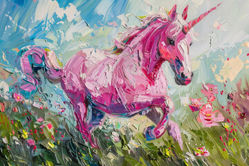 Fantastically beautiful mythological pink unicorn with long horn