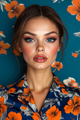 Wall Mural - A woman with blue eyes and orange flowers on a blue background