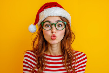 Poster - A woman wearing a santa hat and glasses making a funny face