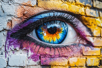 Canvas Print - A close up of a woman's eye painted on a brick wall