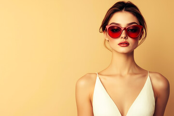 Canvas Print - A woman in a white dress and red sunglasses