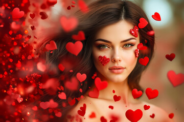 Wall Mural - A woman with red hearts flying around her face