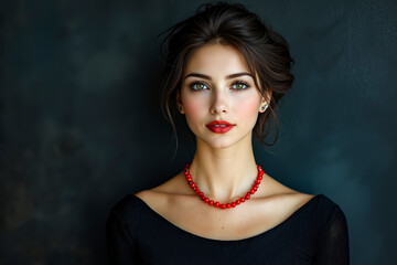 Canvas Print - A woman wearing a black dress and a red necklace