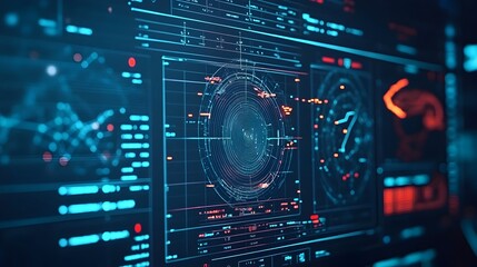 Fototapete - Close up view of a high tech military radar display screen showing the tracking and monitoring of multiple fast moving aerial objects representing advanced defense and surveillance technology