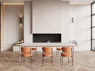 Wall Mural - Beige living room interior with chairs and table, panoramic window. Mockup wall