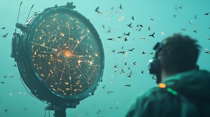 Fototapete - Close up view of a high tech wildlife radar screen displaying real time data and analytics on the flight paths and patterns of birds traversing the skies