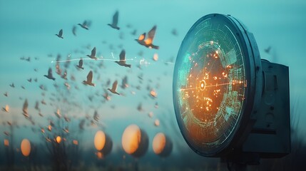 Fototapete - Close up view of a sophisticated wildlife radar display screen showing the flight paths and patterns of migratory birds in real time