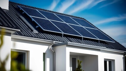 Modern Residential Home with Solar Panels Installed on Roof for Sustainable Energy Production and Eco-Friendly Power Solutions in a Clean Energy Efficient Building