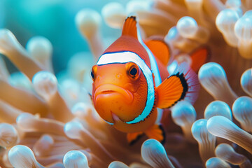 A fantastically beautiful bright clownfish swims in sea among the corals