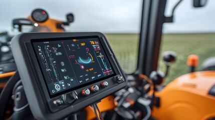 Poster - Close up view of the high tech control panel and digital display interface of a self driving autonomous tractor equipped with advanced technology for precision farming and transportation