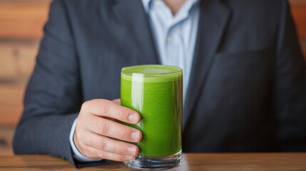 Businessman Holding Green Smoothie Drink with Smile