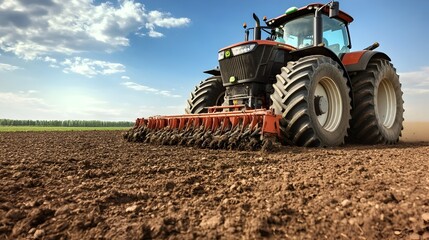 Aufkleber - Close up view of the treaded tires of a large agricultural tractor moving across a rugged dirt field showcasing the intricate tread pattern and texture of the tires as they interact with the soil
