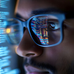 Focused male computer programmer working late on code with glasses reflecting screen