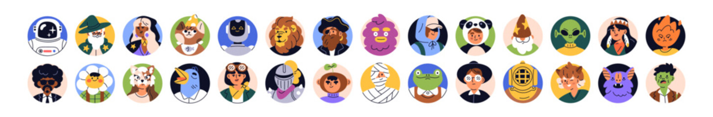 funny avatars set. creative fun characters, user profiles. people, animals, whimsical alien, disguis