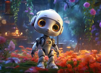 Poster - A friendly robot stands amidst a field of flowers. AI.