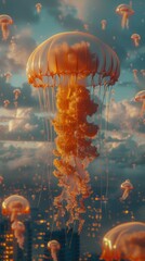 Poster - A large jellyfish floats in the sky, surrounded by smaller ones. AI.