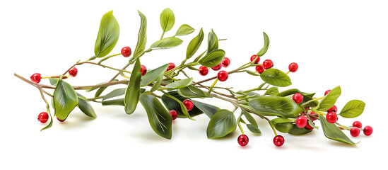 Elegant branch of green leaves and bright red berries, ideal for seasonal chritsmas decorations or botanical study isolated on white or transparent blank background