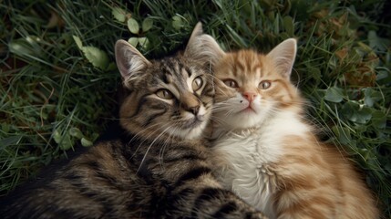 Poster - Two cats cuddling in the grass. AI.