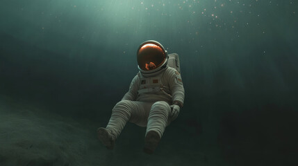 an astronaut floating in the dark, endless space