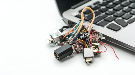Aufkleber - Closeup Shot of a Damaged Laptop Charger with Exposed Wires and Broken Electrical Connectors Isolated on a Plain White Background  Concept of Electrical Malfunction Repair or Replacement Needed
