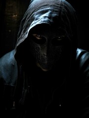 Canvas Print - A hooded figure with a mask stares intensely. AI.