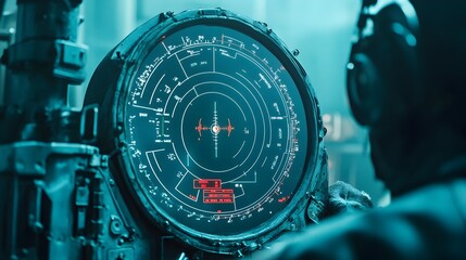 Leinwandbilder - Closeup view of a detailed submarine radar screen showing various underwater activity and depth measurements for marine monitoring and seafloor analysis