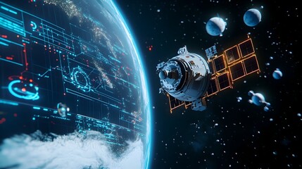 Fototapete - Closeup view of a futuristic space radar display system tracking and monitoring satellite movements in orbit  Advanced aerospace technology for space communication