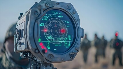 Fototapete - Closeup view of a high powered military radar system used for detecting and tracking enemy ground vehicles during combat The advanced technology provides critical intelligence and surveillance