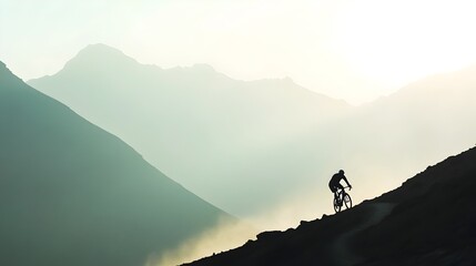 Aufkleber - Cyclist Silhouette Speeding Down Rugged Mountain Trail in Morning Glow Framed by Dramatic Landscape and Bright Sunlight