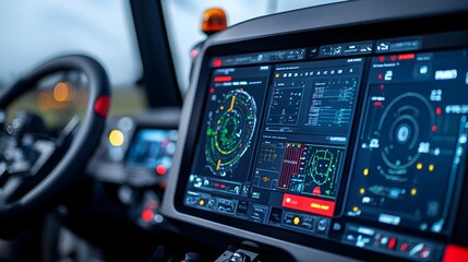 Poster - Detailed close up shot of the control panel of a state of the art farming vehicle showcasing its advanced digital displays high tech interfaces and precision agricultural technology